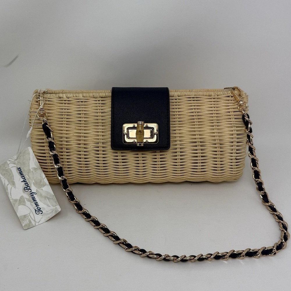 NWT Tommy Bahama Wicker Shoulder Bag Clutch Handbag Purse Tan Navy Summer